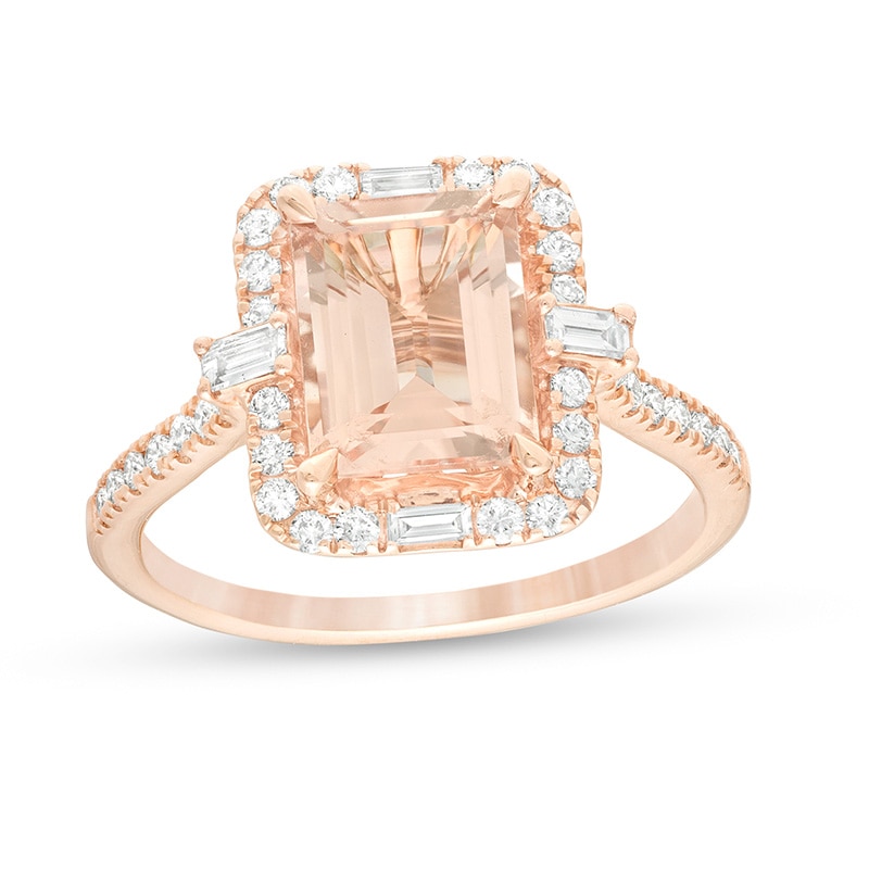 Main Image 1 of Previously Owned - Emerald-Cut Morganite and 1/2 CT. T.W. Diamond Frame Engagement Ring in 14K Rose Gold