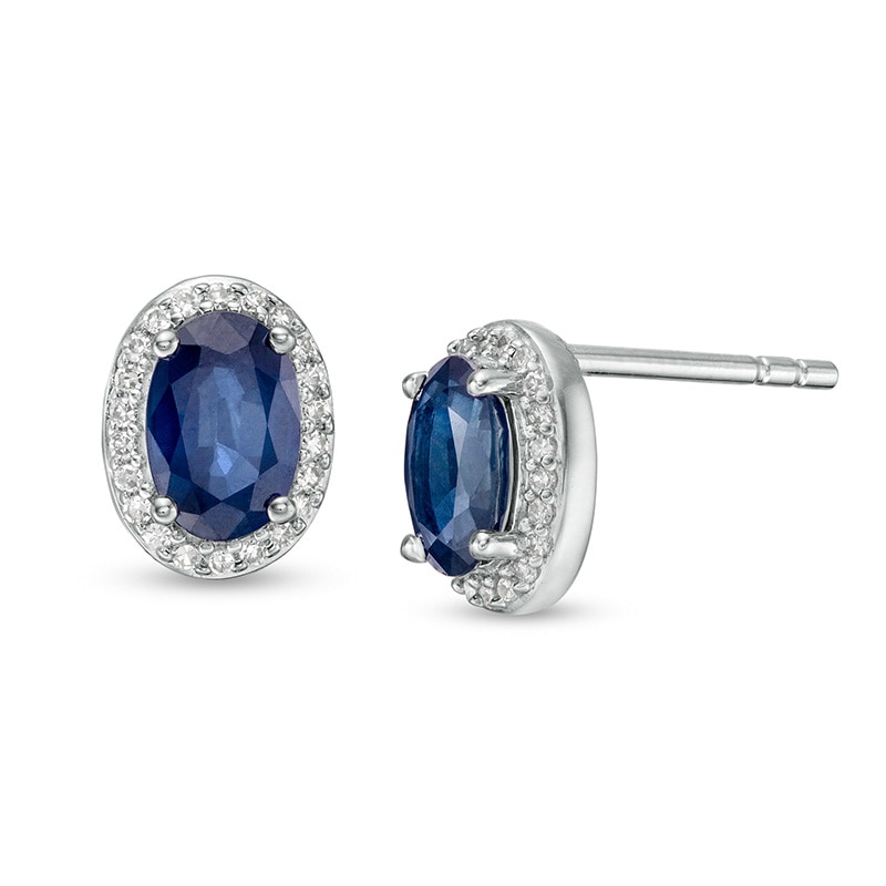 Main Image 1 of Previously Owned - Oval Blue Sapphire and 1/10 CT. T.W. Diamond Frame Stud Earrings in 10K White Gold