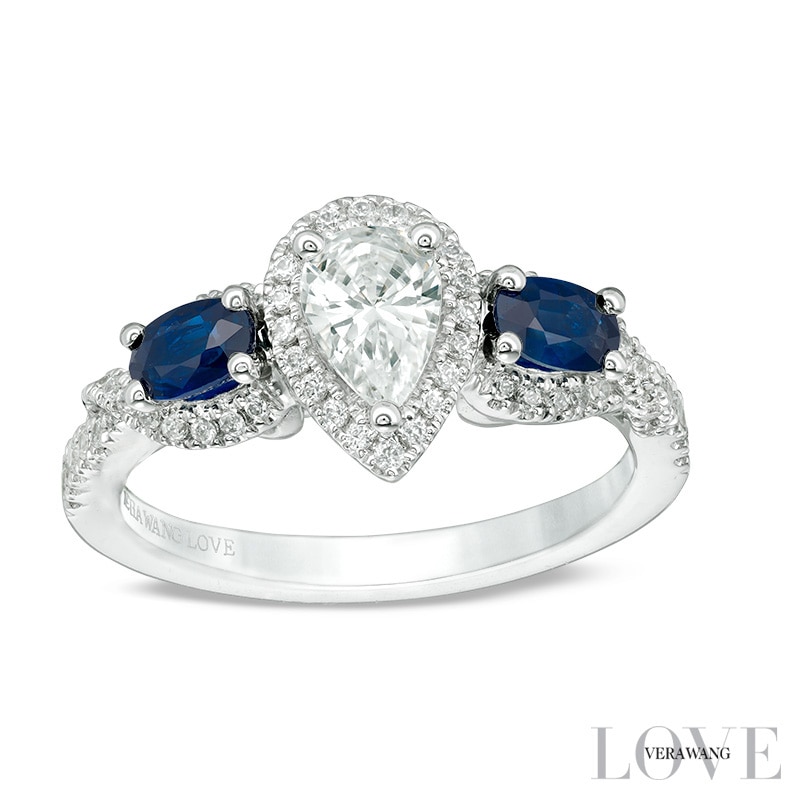 Main Image 1 of Previously Owned - Vera Wang Love Collection 3/4 CT. T.W. Diamond and  Sapphire Three Stone Ring in 14K White Gold
