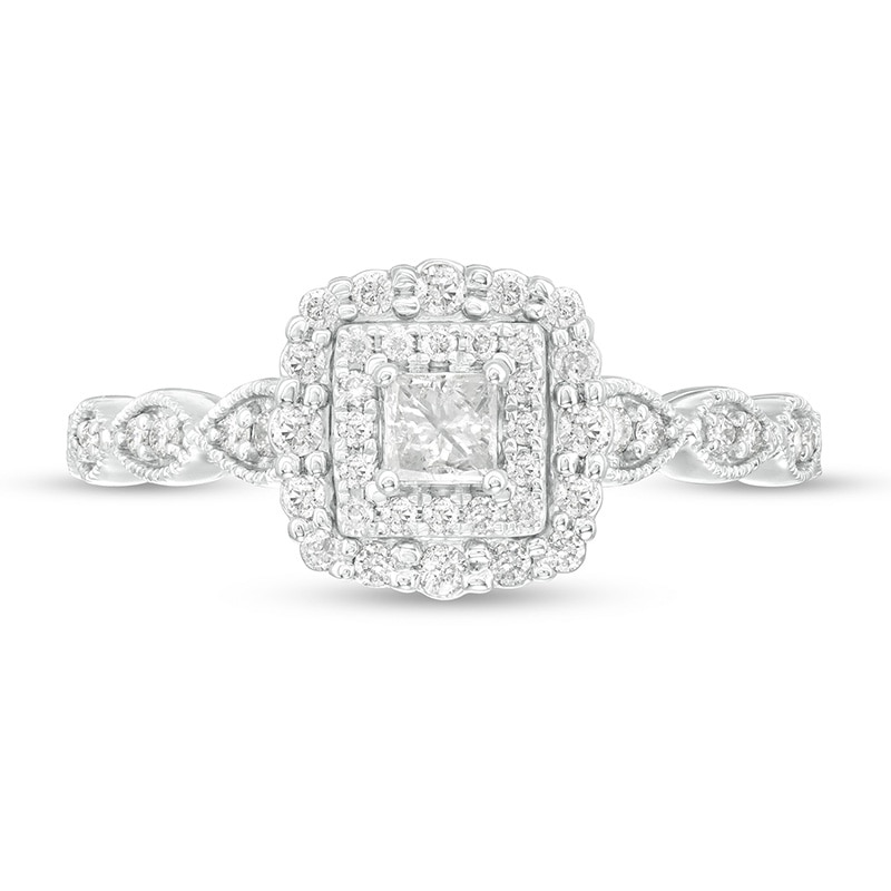 Main Image 4 of Previously Owned - 3/8 CT. T.W. Princess-Cut Diamond Frame Art Deco Vintage-Style Engagement Ring in 10K White Gold