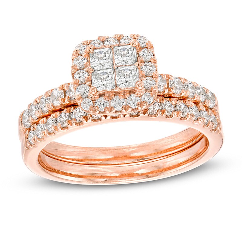 Previously Owned - 1 CT. T.W. Quad Princess-Cut Diamond Frame Bridal Set in 14K Rose Gold