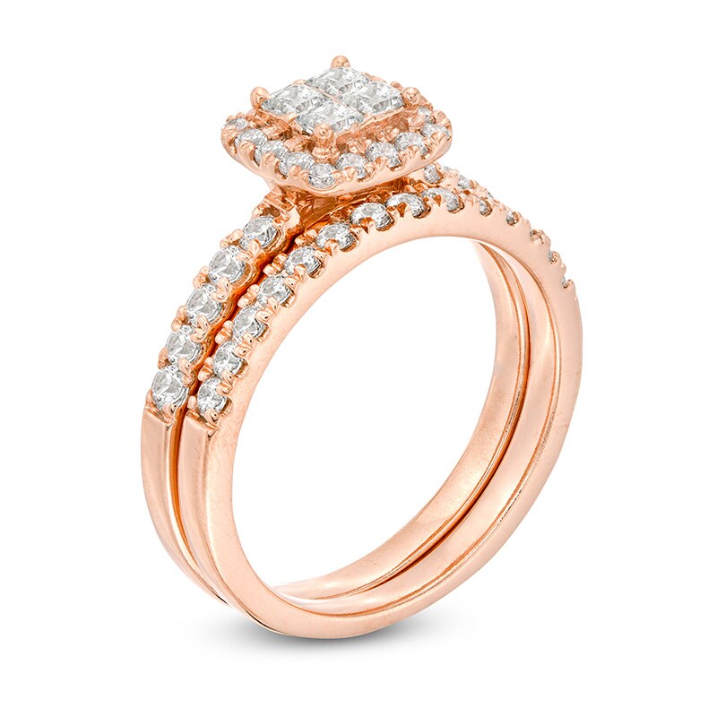 Previously Owned - 1 CT. T.W. Quad Princess-Cut Diamond Frame Bridal Set in 14K Rose Gold