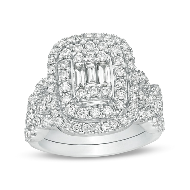 Main Image 1 of Previously Owned - 1-1/2 CT. T.W. Composite Diamond Elongated Cushion Frame Twist Shank Bridal Set in 14K White Gold