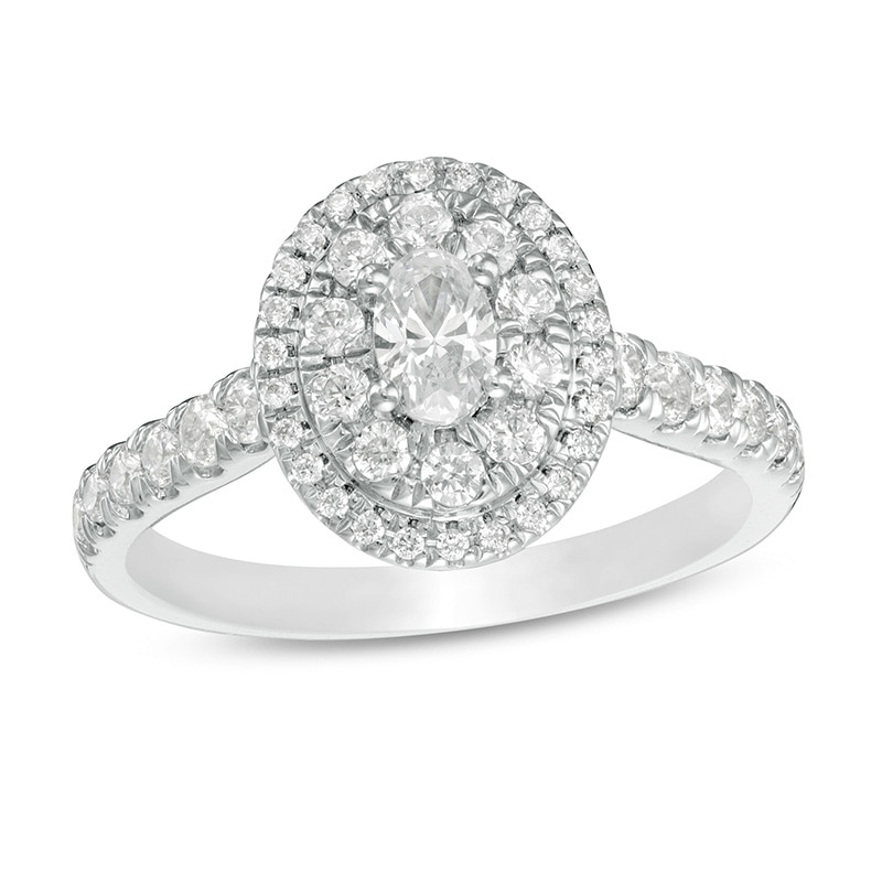 Main Image 1 of Previously Owned - Love's Destiny by Peoples 1 CT. T.W. Oval Diamond Frame Engagement Ring in 14K White Gold (I/SI2)