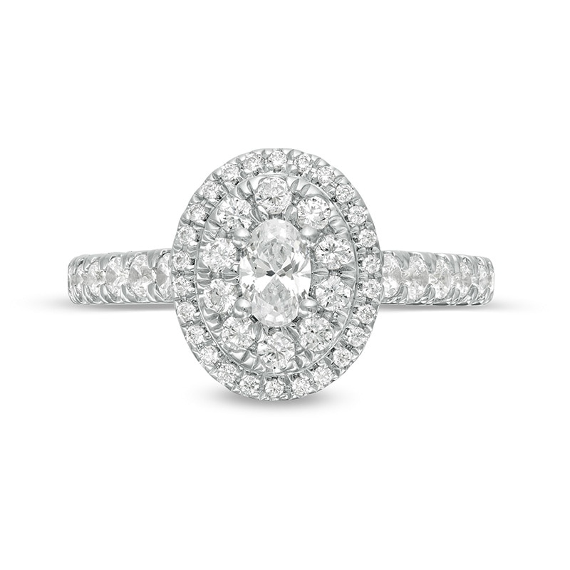 Main Image 4 of Previously Owned - Love's Destiny by Peoples 1 CT. T.W. Oval Diamond Frame Engagement Ring in 14K White Gold (I/SI2)