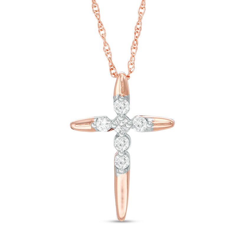 Main Image 1 of Previously Owned - 1/8 CT. T.W. Diamond Cross Pendant in 10K Rose Gold