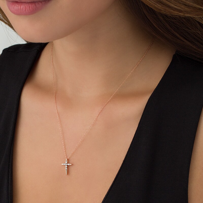 Main Image 2 of Previously Owned - 1/8 CT. T.W. Diamond Cross Pendant in 10K Rose Gold