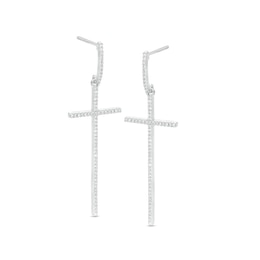 Previously Owned - 1/4 CT. T.W. Diamond Long Cross Drop Earrings in 10K White Gold