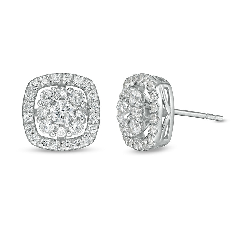 Main Image 1 of Previously Owned - 1 CT. T.W.  Lab-Grown Diamond Cushion Frame Stud Earrings in 14K White Gold (F/SI2)
