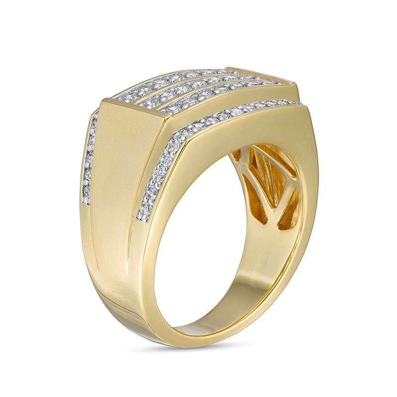Main Image 3 of Previously Owned - Men's 1-1/4 CT. T.W. Diamond Triple Row Rectangle-Top Border Ring in 10K Gold