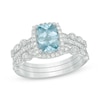 Thumbnail Image 1 of Previously Owned - Cushion-Cut Aquamarine and 1/3 CT. T.W. Diamond Three Piece Bridal Set in 14K White Gold