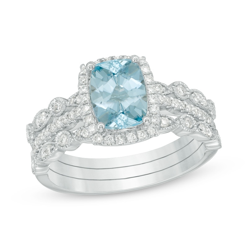 Main Image 1 of Previously Owned - Cushion-Cut Aquamarine and 1/3 CT. T.W. Diamond Three Piece Bridal Set in 14K White Gold