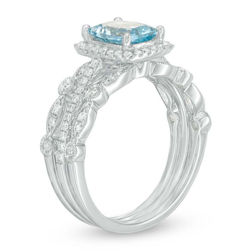 Main Image 2 of Previously Owned - Cushion-Cut Aquamarine and 1/3 CT. T.W. Diamond Three Piece Bridal Set in 14K White Gold