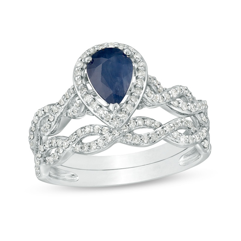Main Image 1 of Previously Owned - Pear-Shaped Blue Sapphire and 3/8 CT. T.W. Diamond Frame Twist Bridal Set in 14K White Gold