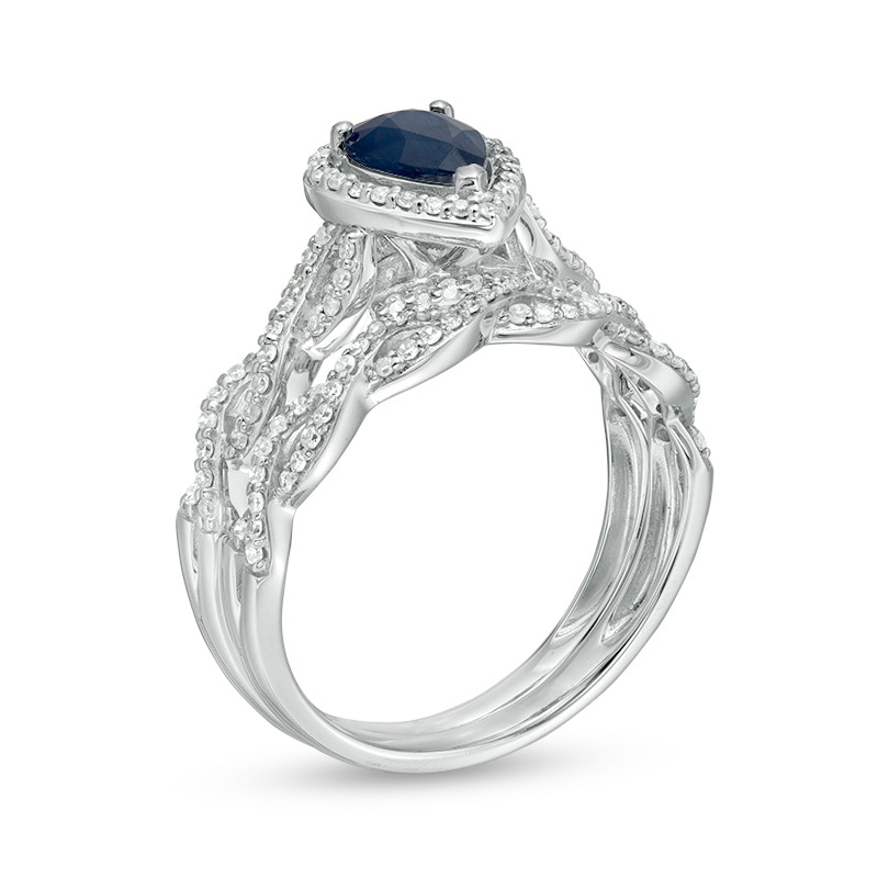 Main Image 3 of Previously Owned - Pear-Shaped Blue Sapphire and 3/8 CT. T.W. Diamond Frame Twist Bridal Set in 14K White Gold