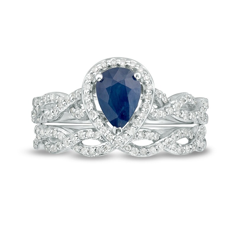 Main Image 4 of Previously Owned - Pear-Shaped Blue Sapphire and 3/8 CT. T.W. Diamond Frame Twist Bridal Set in 14K White Gold