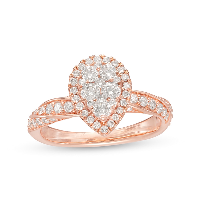 Previously Owned - 1 CT. T.W. Composite Pear Diamond Frame Twist Shank Engagement Ring in 14K Rose Gold