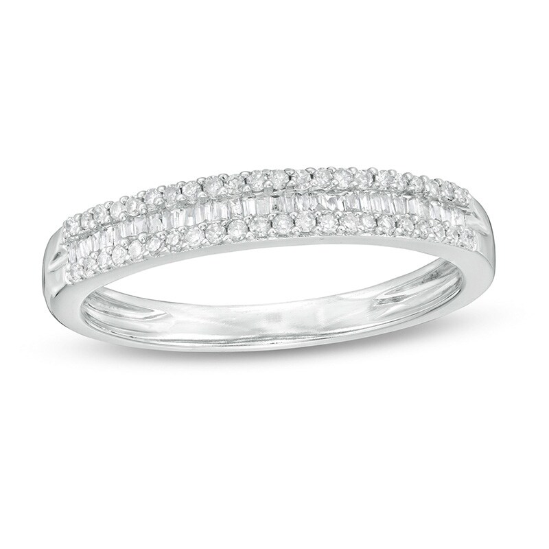 Main Image 1 of Previously Owned - 1/4 CT. T.W. Baguette and Round Diamond Multi-Row Band in 14K White Gold