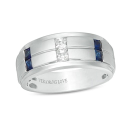 Previously Owned - Vera Wang Love Collection Men's 1/4 CT. T.W. Square-Cut Diamond and Sapphire Band in 14K White Gold