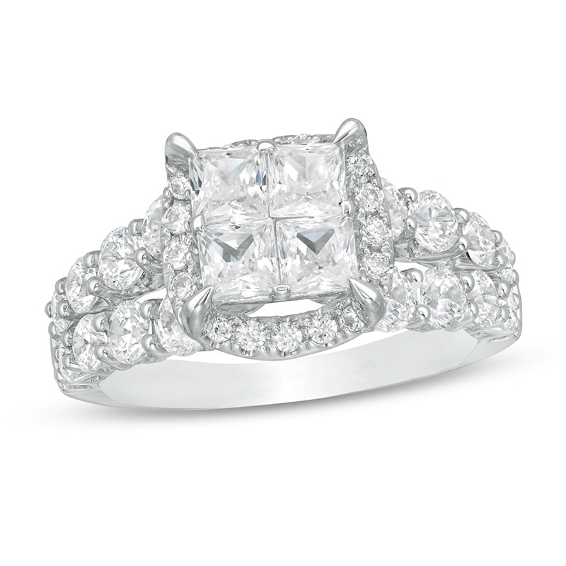 Main Image 1 of Previously Owned - 3 CT. T.W. Princess-Cut Quad Diamond Frame Split Shank Engagement Ring in 14K White Gold