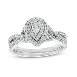 Previously Owned - 5/8 CT. T.W. Pear-Shaped Diamond Double Frame Twist Shank Bridal Set in 10K White Gold