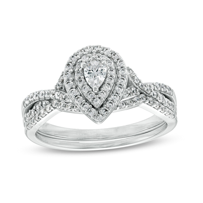Main Image 1 of Previously Owned - 5/8 CT. T.W. Pear-Shaped Diamond Double Frame Twist Shank Bridal Set in 10K White Gold