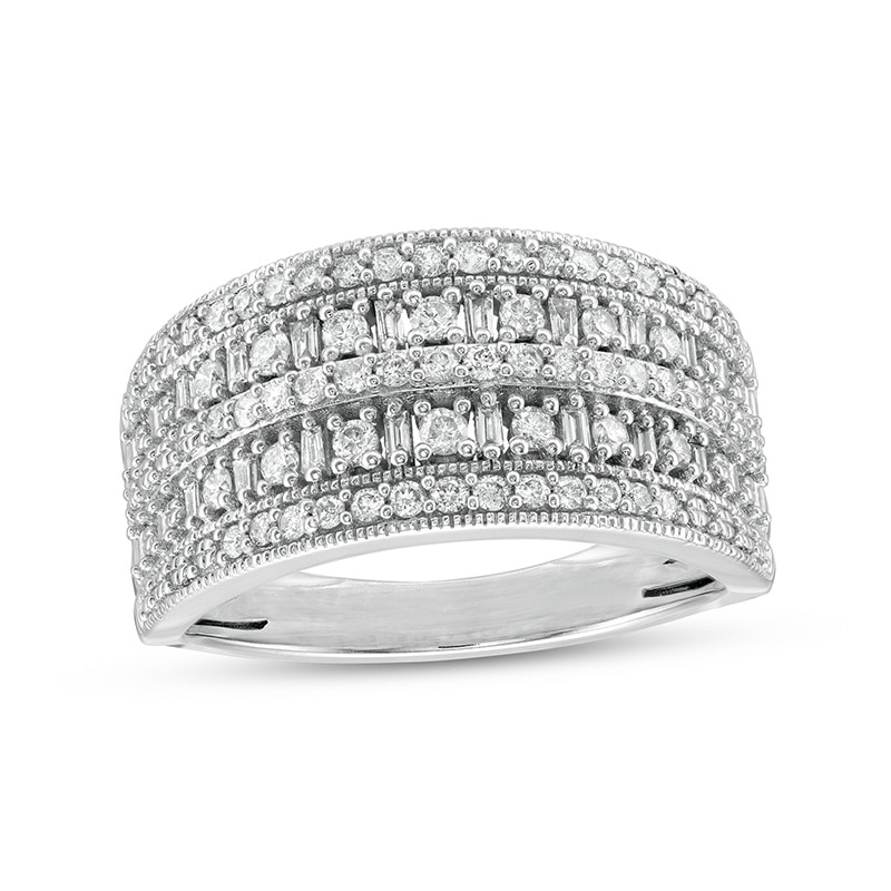 Main Image 1 of Previously Owned - 1/2 CT. T.W. Baguette and Round Diamond Vintage-Style Multi-Row Anniversary Band in 10K White Gold