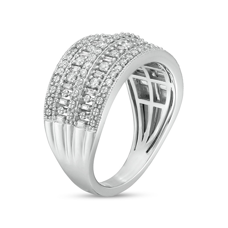 Main Image 3 of Previously Owned - 1/2 CT. T.W. Baguette and Round Diamond Vintage-Style Multi-Row Anniversary Band in 10K White Gold
