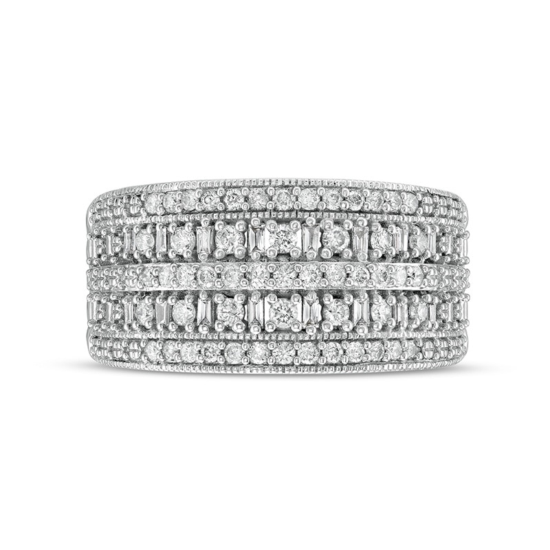 Main Image 4 of Previously Owned - 1/2 CT. T.W. Baguette and Round Diamond Vintage-Style Multi-Row Anniversary Band in 10K White Gold