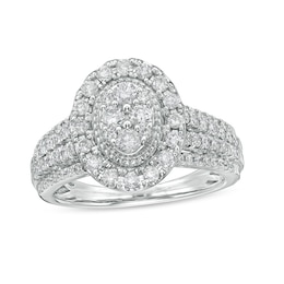 Previously Owned - 1 CT. T.W. Composite Oval Diamond Frame Vintage-Style Engagement Ring in 10K White Gold