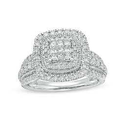 Previously Owned - 1 CT. T.W. Cushion Multi-Diamond Double Frame Vintage-Style Engagement Ring in 10K White Gold