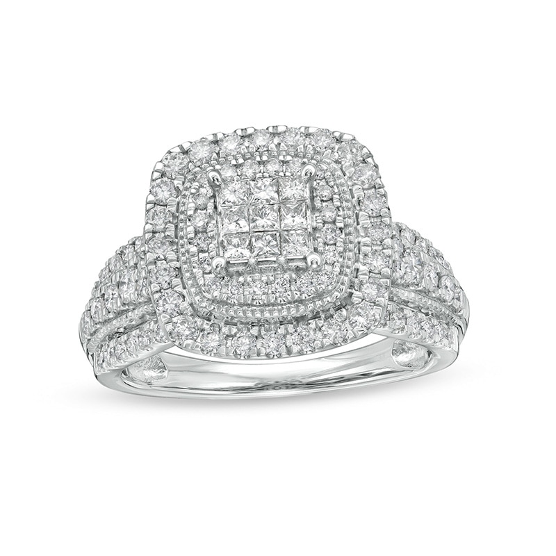 Main Image 1 of Previously Owned - 1 CT. T.W. Cushion Multi-Diamond Double Frame Vintage-Style Engagement Ring in 10K White Gold