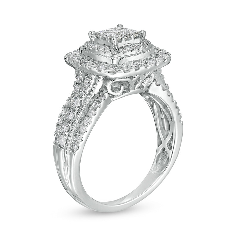 Main Image 3 of Previously Owned - 1 CT. T.W. Cushion Multi-Diamond Double Frame Vintage-Style Engagement Ring in 10K White Gold