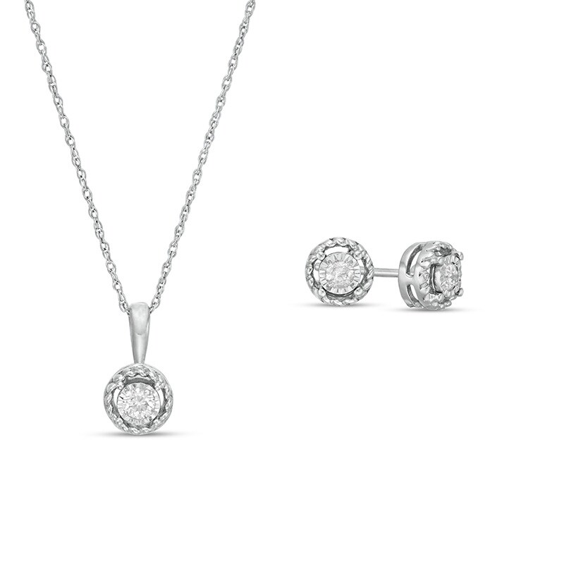 Main Image 1 of Previously Owned - 1/5 CT. T.W. Diamond Solitaire Pendant and Stud Earrings Set in Sterling Silver (J/I3)