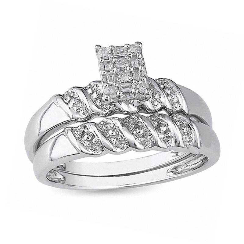 Main Image 1 of Previously Owned - 1/10 CT. T.W. Diamond Rectangular Cluster Bridal Set in Sterling Silver