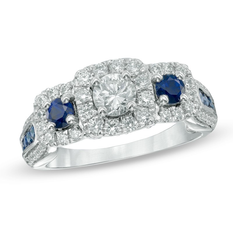 Main Image 1 of Previously Owned - 7/8 CT. T.W. Diamond and Blue Sapphire Past Present Future® Ring in 14K White Gold