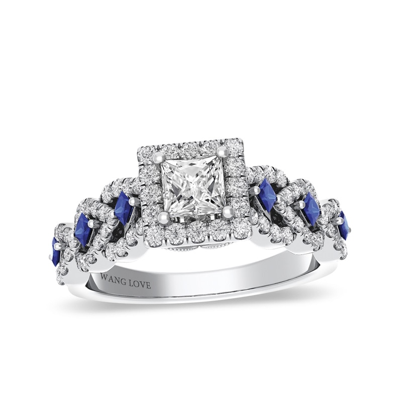 Main Image 1 of Previously Owned - Vera Wang Love Collection 1 CT. T.W. Princess-Cut Diamond and Sapphire Engagement Ring in 14K White Gold
