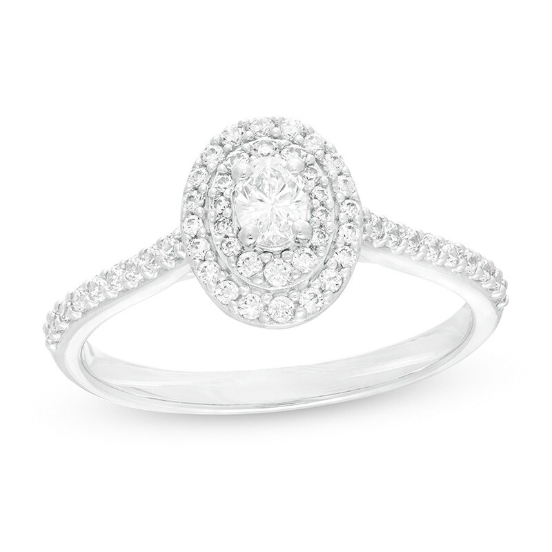 Main Image 1 of Previously Owned - 1/2 CT. T.W. Oval Diamond Double Frame Engagement Ring in 10K White Gold