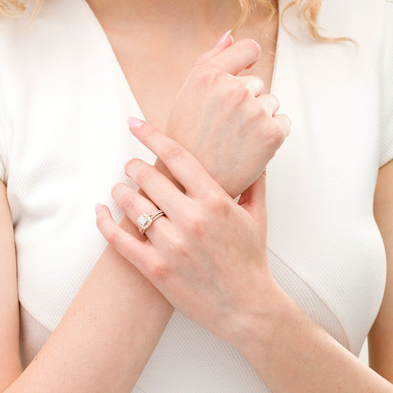 Main Image 2 of Previously Owned - 1 CT. T.W. Quad Princess-Cut Diamond Frame Split Shank Bridal Set in 10K Rose Gold