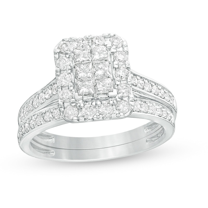 Main Image 1 of Previously Owned - 1 CT. T.W. Princess Multi-Diamond Rectangular Frame Split Shank Bridal Set in 10K White Gold