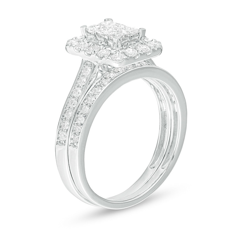 Main Image 3 of Previously Owned - 1 CT. T.W. Princess Multi-Diamond Rectangular Frame Split Shank Bridal Set in 10K White Gold