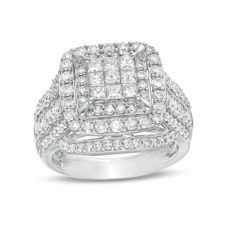 Main Image 1 of Previously Owned - 2 CT. T.W. Princess Multi-Diamond Cushion Frame Multi-Row Engagement Ring in 10K White Gold