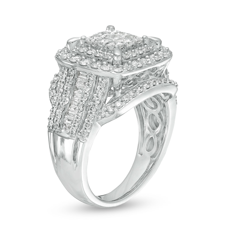Main Image 3 of Previously Owned - 2 CT. T.W. Princess Multi-Diamond Cushion Frame Multi-Row Engagement Ring in 10K White Gold