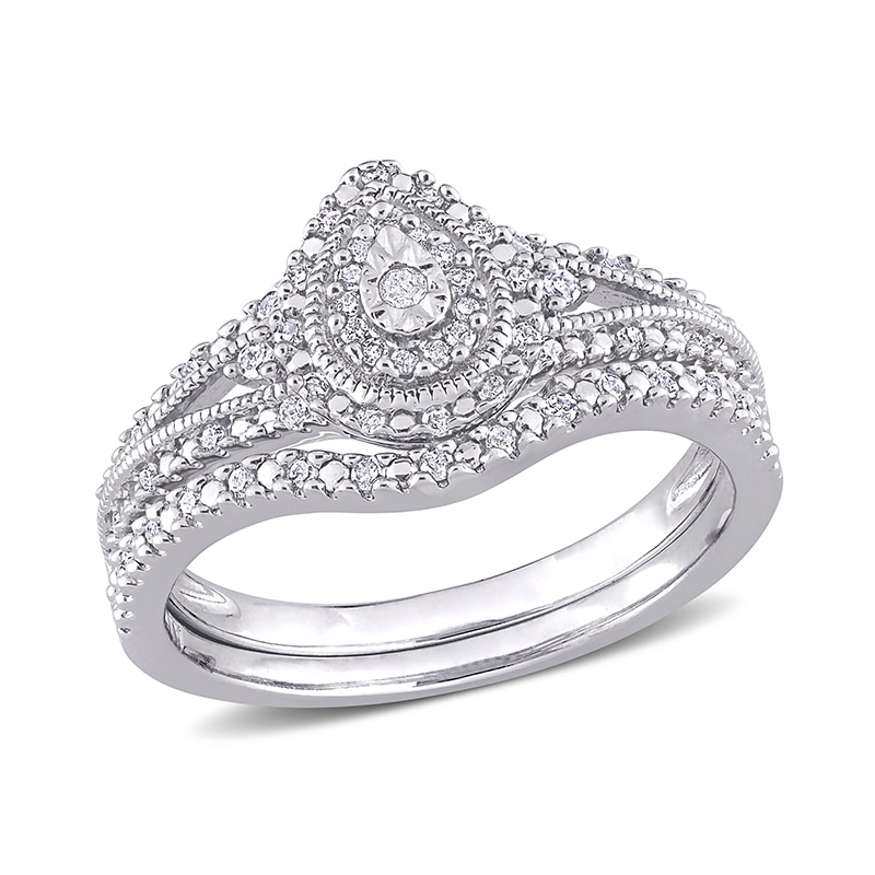 Main Image 1 of Previously Owned - 1/4 CT. T.W. Composite Pear Diamond Frame Vintage-Style Bridal Set in Sterling Silver