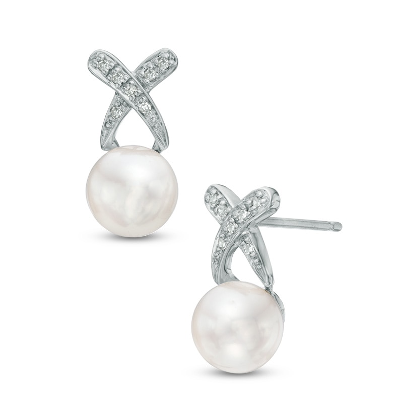 Main Image 1 of Previously Owned-7.0mm Freshwater Cultured Pearl and Diamond Accent "X" Drop Earrings in Sterling Silver