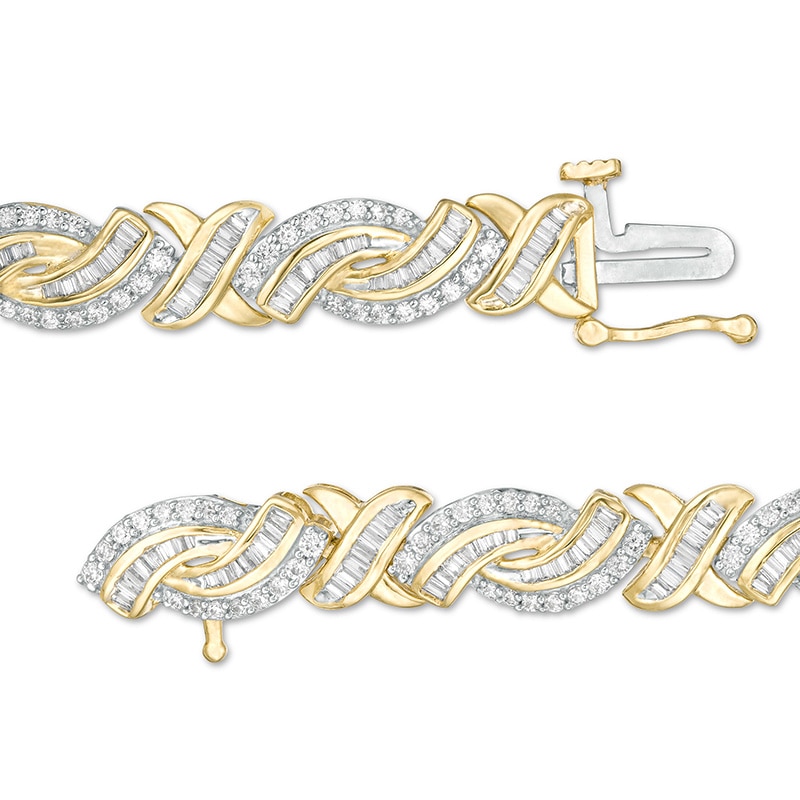 Main Image 2 of Previously Owned - 3 CT. T.W. Baguette and Round Diamond "X" Bypass Bracelet in 10K Gold - 7.5"