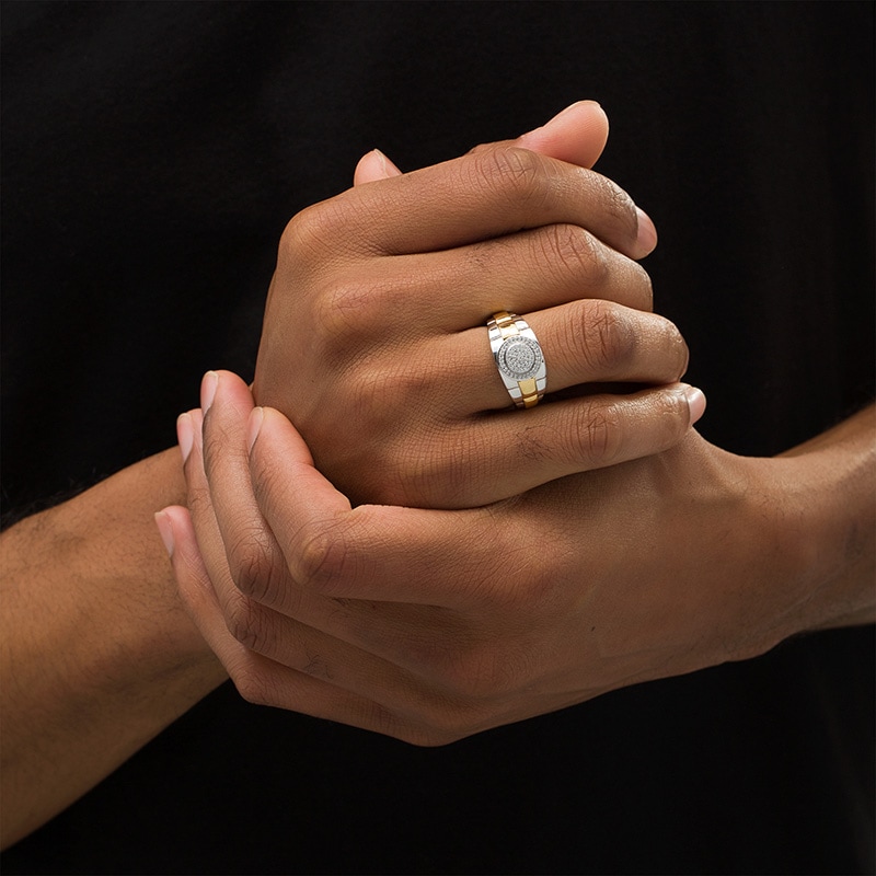 Main Image 2 of Previously Owned - 1/5 CT. T.W. Composite Diamond Frame Triple Row Ribbed Shank Ring in 10K Two-Toned Gold