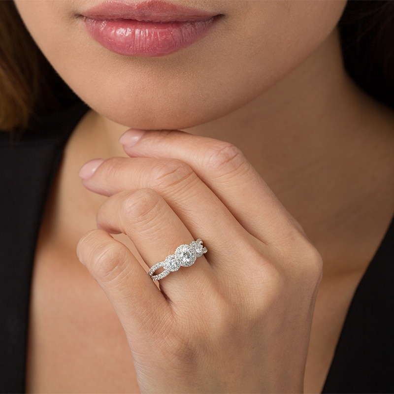 Main Image 3 of Previously Owned - Love's Destiny by Zales 1-1/5 CT. T.W. Diamond Frame Three Stone Engagement Ring in 14K White Gold