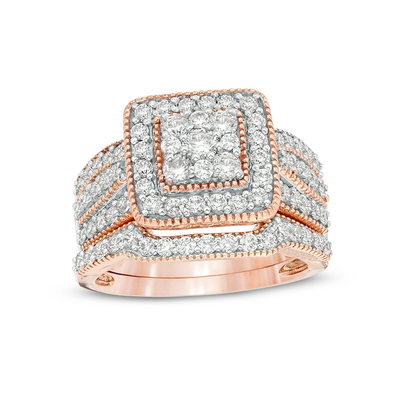 Main Image 1 of Previously Owned - 1-1/4 CT. T.W. Multi-Diamond Square Frame Vintage-Style Multi-Row Bridal Set in 10K Rose Gold