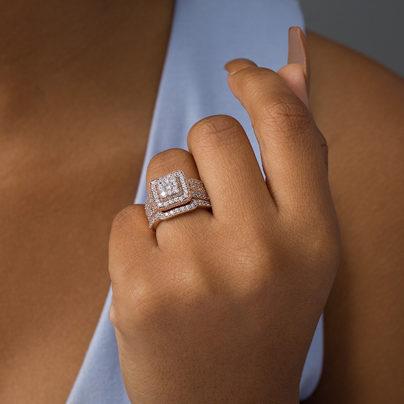 Main Image 2 of Previously Owned - 1-1/4 CT. T.W. Multi-Diamond Square Frame Vintage-Style Multi-Row Bridal Set in 10K Rose Gold